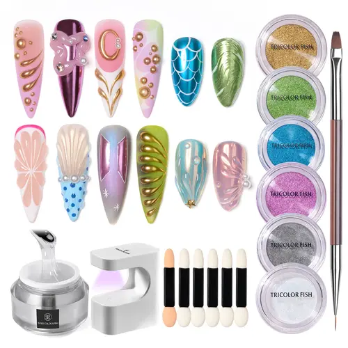 TRICOLOR FISH 5-in-1 3D Gel Magic Mirror Powder Nail Care Kit - 15g 5-in-1 3D Gel, 6 Colors Chrome Powder, Dual-Ended Brush, Base Coat, Top Coat, Mini Square UV/LED Lamp for Nail Art, 5-In-1 3D Gel Magic Mirror Powder Set