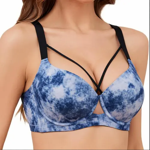 WMBras Pretty Blue Tie-Dye Push Up Underwire Bra for Women Soft Mesh Wings Unlined 3/4 Cup Deep V T-Shirt Bra with Adjustable Straps Everyday supportive tshirt
