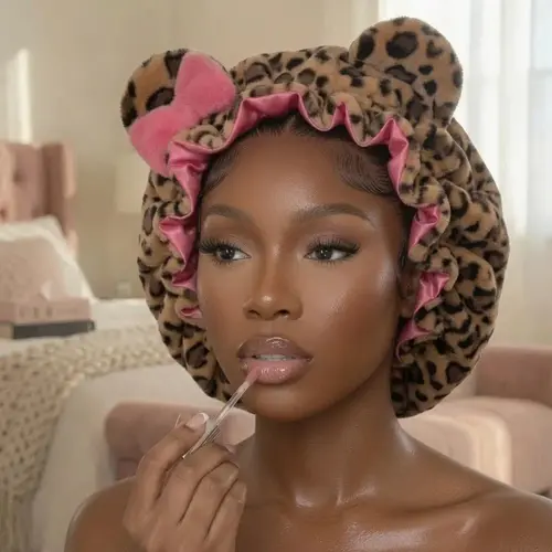 Women's Luxury Teddy Material Hair Bonnet - Pink Leopard Print Camping Sleep Wrap for Haircare, Ideal Gift for Outdoor Enthusiasts