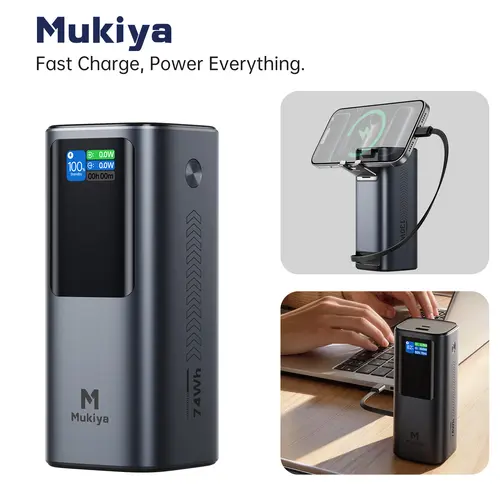 Mukiya 20000mAh Laptop Power Bank with Retractable Cable & Stand | 130W Portable Charger Power Bank, TFT Display Laptop Battery Bank for MacBook/Air/iPhone17/iPad Pro/Dell/HP(TSA-Approved), Tablet, Smartphone