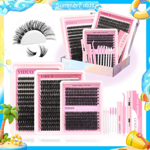 YIDUO Eyelash Extension Kit with 2X Bond&Seal 10-20mm 60D+80D+100D Volume 3D Lash Clusters Kit 3 Styles 760Pcs Wispy Natural Soft DIY Individual Lash Clusters Kit Box for Beginners BackToSchool
