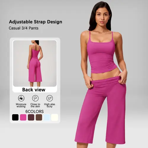NVWA Women's 2-Piece Cami Top & Cropped Wide-Leg Trousers Set - Breathable Polyester Athleisure Wear, Casual Fashion Matching Set for Vacation, Travel, Yoga, Workout, Two Piece Sets tiktokshopbacktoschool