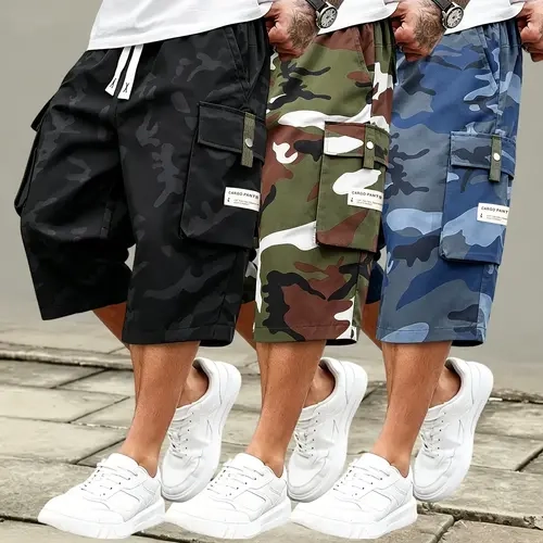 Men's 3-Pack Baggy Camouflage Cargo Shorts - Lightweight Menswear with Elastic Drawstring Waist, Multiple Pockets, Stylish Athleisure Design for Sports, Fitness, Outdoor Hiking