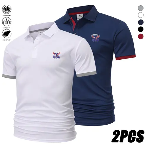 Men's 2-Pack Patriotic Eagle Print Polo Shirts | Breathable Quick-Drying Shortsleeve Menswear for Golf & Business Casual, Patriotic Polo Shirt, Buttoned Polo Shirt