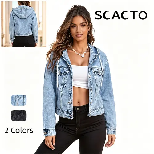 Scacto Women's Hooded Denim Jacket - Casual Regular Fit Cotton-Polyester Blend Long Sleeve Outerwear, 2XL Tops