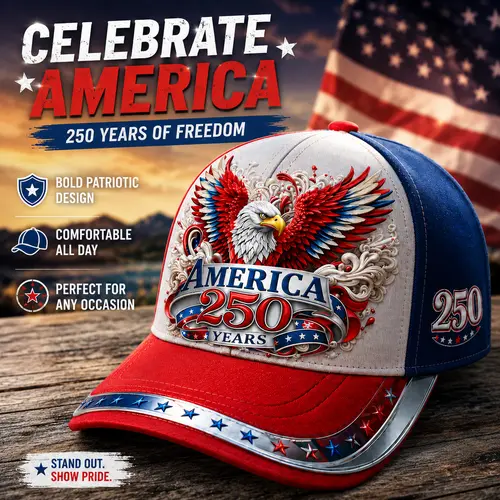 250th Anniversary Patriotic Baseball Cap, HD Digital Print Red Eagle & US Flag Design, Unisex Adjustable Vintage-Style Curved Brim Hat