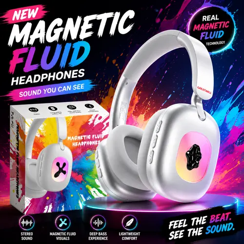 Ferrofluid Headphones Wireless Bluetooth Over Ear, Magnetic Fluid RGB Visual Sound Reactive Headset