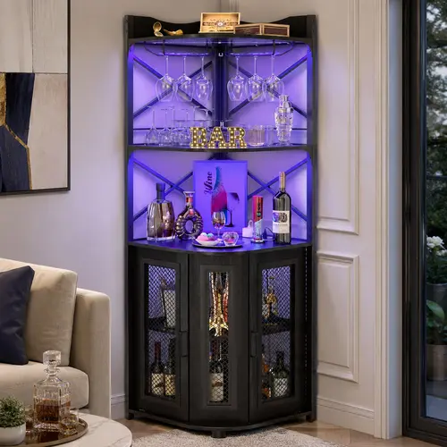 Homieasy LED Corner Bar Cabinet with Power Outlet, Industrial Wine Cabinet with LED Strip and Glass Holder, 5-Tiers Liquor Cabinets Bar Unit for Home, Corner Display Cabinets for Small Space