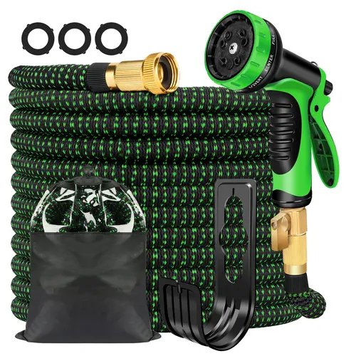 25FT/50FT/75FT/100FT/150FT Heavy-Duty Expandable Garden Hose with 10-Function High-Pressure Spray Nozzle, 3/4 Solid Brass Fittings, Leakproof Design, Durable Rubber Material, Perfect for Cleaning, Forestry, and Gardening