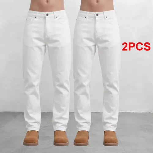 Men's 2-Piece Retro Cotton Denim Jeans - High Street Stright-Leg Plain Basic Trousers, Clean-Fit Aesthetic Straight Drape Fabric, Y2K Skater Summer Essential (Denim Men's Jeans)