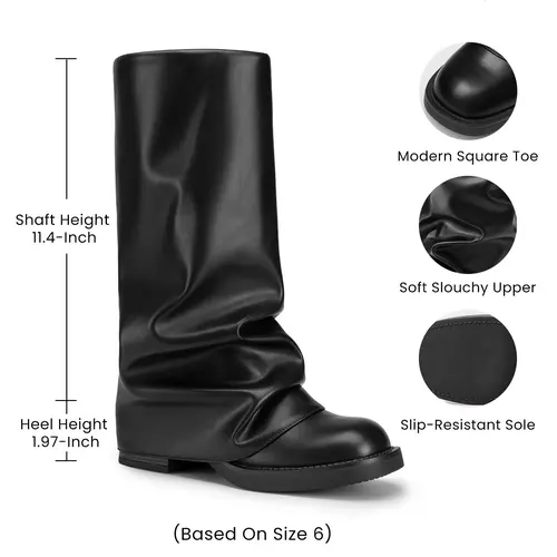 Athlefit Women's Slouchy Leather & Rubber Mid-Calf Boots, Wide Calf Retro Casual Slip On with Square Toe and Platform Cushion, Pull On, Shock Resistant tiktokshopbacktoschool, Party, Soft Slouchy Upper,back to school,back to school haul