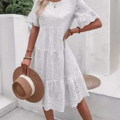 European and American fashion new hot-selling solid color pure cotton cloth embroidered lace hollow dress