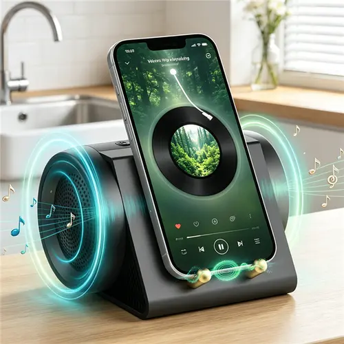 Wireless Induction Stand Speaker - Bluetooth Amplifier Holder, Portable Audio Device, 2-in-1 Desktop Smartphone/Tablet Holder, Resonance Sound Tech, Batteries-Included, Home Travel Gadget, Father's Day Gift, Portable Speakers