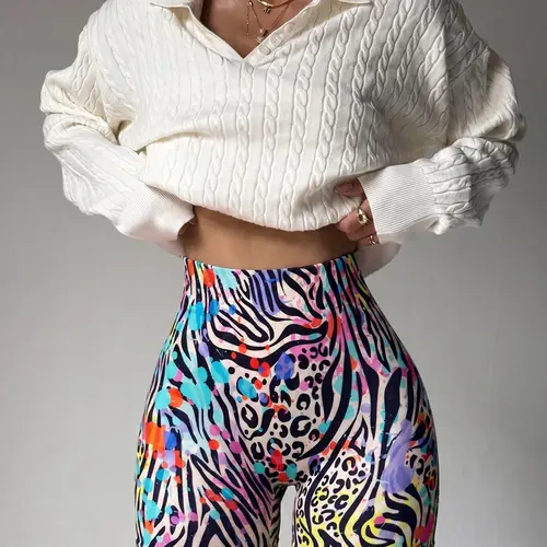 Summer New European Style Colorful Zebra Leopard Print High Waist Butt Lifting Gym Shorts, Seamless Quick-Dry Anti-Exposure Fitness Cycling Yoga Shorts, Leopard Workout Shorts, Workout Clothes Women