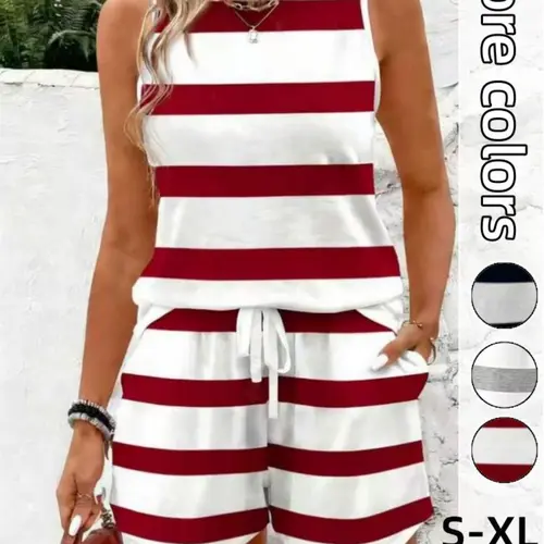 2-Piece Set Women's Striped Sleeveless Tank Top & Shorts, Casual Pajama Set, Summer Nightwear for Vacation, Daily Loungewear, Effortless Loungewear