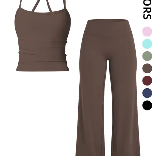 Women's Sporty Tank Top and Yoga Pants Set, Moisture-Wicking Elastic Workout, High Waist Wide Leg Pants, All Seasons Comfortable Fashion, Stretchy Sports Outfit