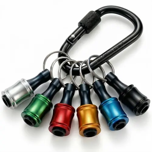 6 Pack Aluminum Alloy 1/4 Inch Hex Shank Drill Bit Holder Keychain with Carabiner, Push to Release Screwdriver Bit Carrier, Practical Mechanic Tool Gift for Men