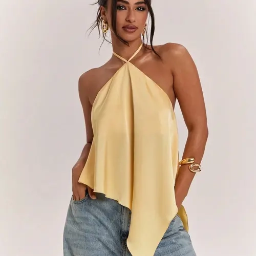 Glossy Yellow Satin Tie Halter Top, Women Draped Asymmetric Irregular Hem Sleeveless Blouse, Asymmetrical, Casual Outfit for Urban Shopping, Cafe Visits, Coastal Short Walks