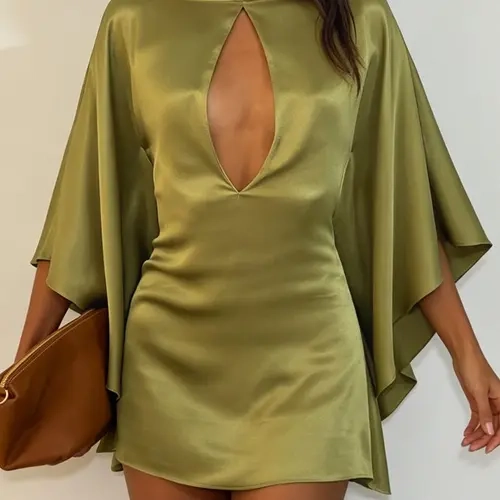 Vintage Elegant Women's Chic Fashion Boat Neck Back Cut Out Zipper Batwing Sleeve Slim Fit Short Satin Dress, Stylish Formal Prom Dress, Retro Style Evening Wear, Spring Autumn Outfits