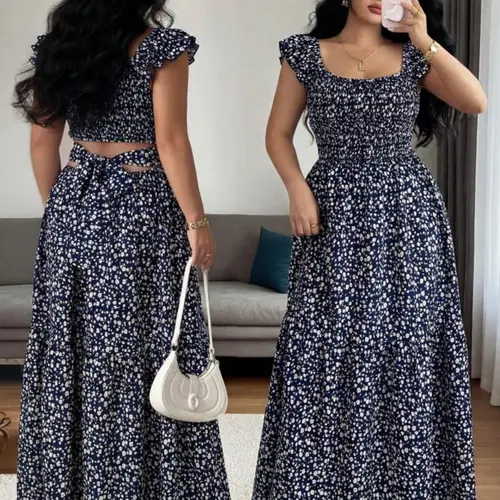 Romantic French Boho Floral Print Cutout Waist Beach Vacation Casual Dress, Stylish Summer for Women, Perfect for Relaxing Days