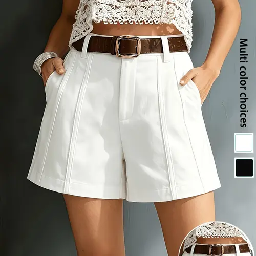 Women's Elegant Loose Fit Shorts, Solid Color, High Waist, Pockets for Phone Keys, All Seasons, Casual Fashion Bottoms, Summer Shorts
