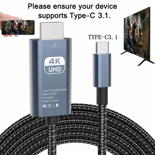 USB 3.1 Type-C to HDTV Adapter Cable, USB-C to HDMI, 4K HD Display, HDMI Output, 2m/6.6ft, USB-Powered, No Battery, Direct Phone to TV/Screen/Projector Connection, No WiFi or Software Needed, USB Cables, HDMI Cord