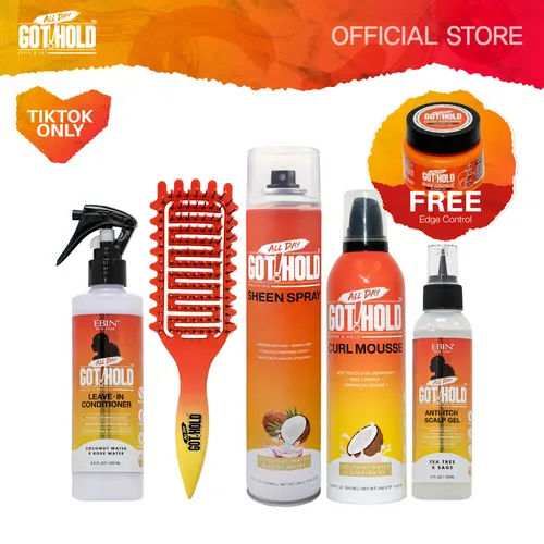 All Day Got Hold Secure Hold Complete Haircare Bundle for Knotless Braids & Cornrows - Lightweight Foaming Mousse, Flawless Sheen Spray, Leave-In Conditioner, Anti-Itch Gel, Curl Brush, Free Frizz-Fighting Edge Control