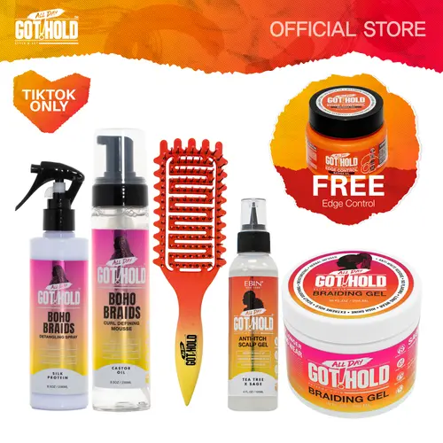 All Day Got Hold Boho Braids All-Day Hold Haircare Full Care Kit Bundle - Boho Detangler Spray, Foaming Anti-Frizz Mousse, Braiding Gel, Anti-Itch Scalp Gel, Curl Defining Brush & Free Edge Control (Fights Frizz)