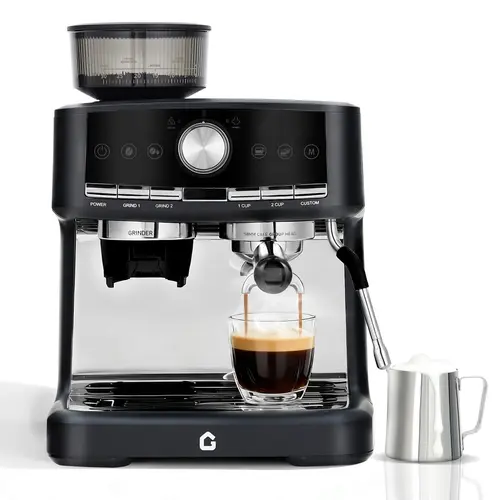 GARVEE 20 Bar Pressure Espresso Machine with Grinder, 1.5L Removable Water Tank, Milk Frother Steam Wand for Latte/Cappuccino (BLACK,20Bar,With Grinder)