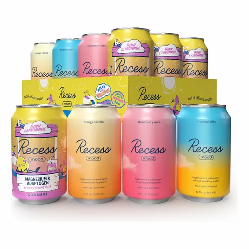 Recess Mood Magnesium & Adaptogen Drink, Relaxation Beverage, 12 ounce (Out of Office Sampler, 12 pack)