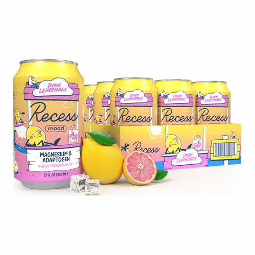 Recess Mood Magnesium & Adaptogen Drink, Relaxation Beverage, 12 ounce (Pink Lemonade, 12 pack)