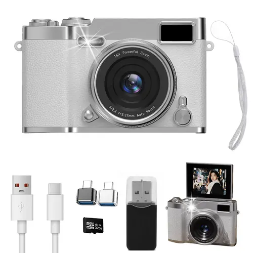 Retro Compact Digital Camera with 180° Flip Screen, 16X Digital Zoom, HD Vlogging Equipment, 32GB Memory Card, Mother’s Day Gift for Students