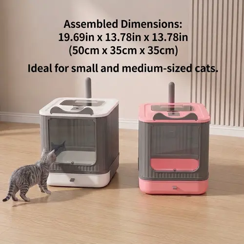 Foldable Enclosed Litterbox for Small-Medium Indoor Cats (Up to 15 lbs) - Durable PP+PS Plastics, Dual Tone, Anti-Tracking Top-Exit Grate, Hassle-Free Scooping, Easy-Slide Drawer-Style Tray, Odor Control, Modern Minimalist Grey&Pink Home Decor Space Saver