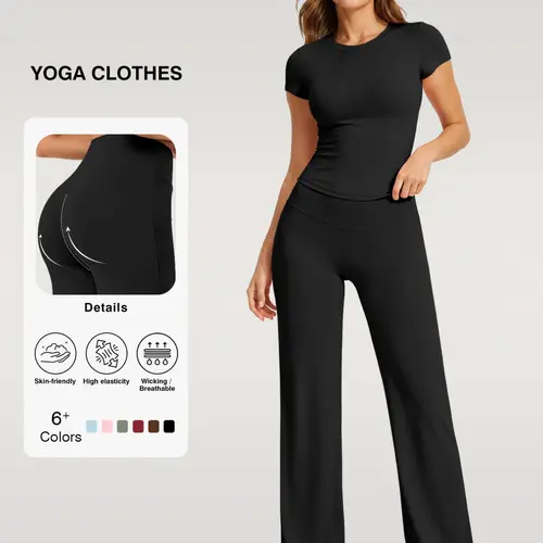 Women's Two-Piece Sportswear Set, Lightweight Short Sleeve T-Shirt and Wide Leg Pants, Quick-Dry Breathable Fitness, Yoga Gym Outfit