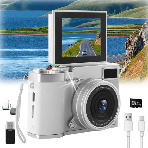 2.4-Inch Retro Flip Screen Mini Pocket Digital Camera, Entry-Level Christmas Selfie Camera with Memory Card, Flash, Filters, Charging Function, Portable Point-And-Shoot for Short Videos & Travel