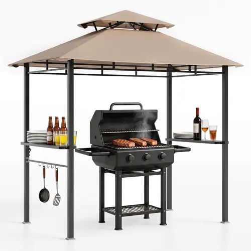 Garvee Premium 8x5 FT Rectangular Heavy Duty BBQ Grill Gazebo - Outdoor Built-In Sunshade Shelters & Gazebos with Sun Protection, Weatherproof Material, Rust-Proof Metal Frame, Double Roof Iron Hardtop, 2 Serving Bars, Utensil Hooks for Patio Garden, Bbq