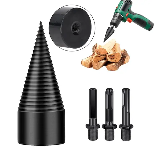 High-Hardness Carbon Steel Firewood Log Splitter Drill Set - Quick Chop Wood Splitting Tool with Round-Hex-Square Shank Bits for Electric Drills, Beginner-Friendly, Safe Operation for Camping, Fireplace Use