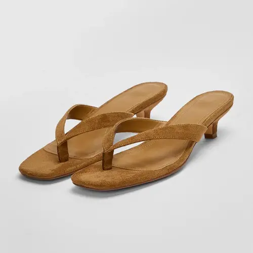 JUSTFAB Women's Square Toe Thong Kitten Heel Mules - 1.5in Slim Heel, Soft Vegan Leather, Memory Foam Padding, Non-Slip Outsole, Flip Flop Slides, Fashionable Heeled Sandals, Casual Fashion Footwear, Animal Print Sandals for Women, Summer Slip-Ons