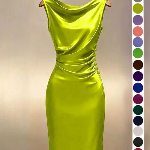Summer Knit Satin Dress, Champagne Color Sleeveless Slim Fit Elegant Dresses for Party, Office Wear and Wedding Guest