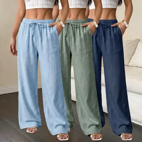 Women’s 3-pack solid-color loose casual pants, lightweight long pants for couples with an elastic drawstring waist, comfortable, breathable, stylish bottoms suitable for vacations, everyday wear, and outings, made of 100% polyester fiber.