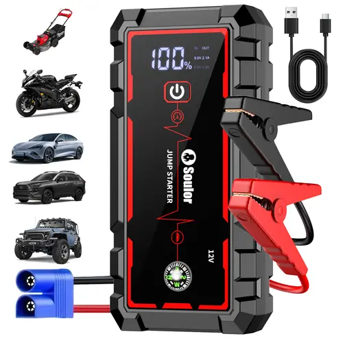 Soulor 8000mAh Portable Car Jump Starter with Power Bank Function, 12V Battery Booster, USB Charging for Phones, Tablets & Other Devices, LED Emergency Light, LCD Display, Heavy-Duty Clamps, for Cars, SUVs, Trucks & Motorcycles