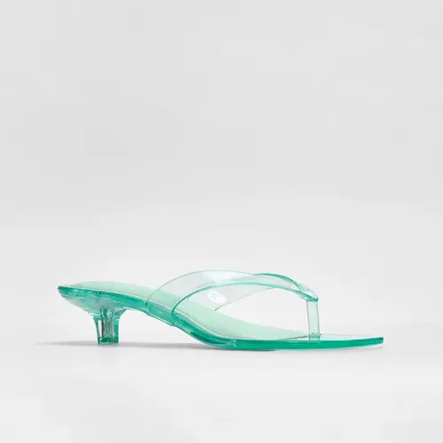 JUSTFAB Women's Cute PVC Slip-On Thong Mules - 1.5" Mini Kitten Heels, Square Toe Jelly Footwear, Summer Sandals for Women, Back-to-School Shoe, Cute Sandals