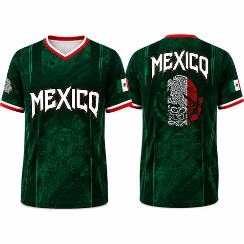 Men's Retro V-Neck Soccer Jersey, Mexico-Inspired Aztec Eagle Graphic Tee, Breathable Birdseye Fabric Athletic Top for Fans, Breathable Athletic Top, Sports Tees, Athletic Active Tops tiktokshopbacktoschool