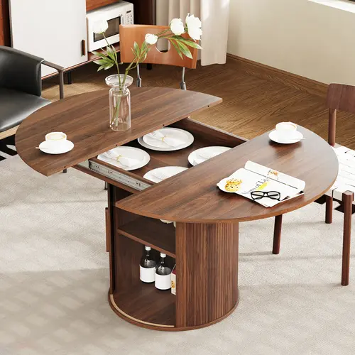 Giratree 43.3''-59.1'' Extendable Round to Oval Dining Table, Wooden Kitchen Table with Hidden Storage and Fluted Sliding Door Cabinet for Dining Room