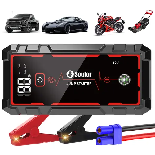 Soulor Jump Starter Battery Pack 8000mAh, Portable Car Battery Booster with LED Emergency Light, USB Charger, LCD Display, for Cars, SUVs, Trucks, Boats & Motorcycles sohochic