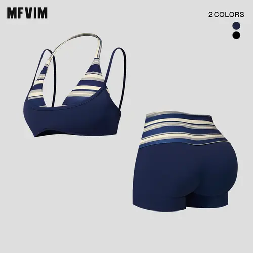 MFVIM Women’s New Color-Block Striped Halter Yoga Set — Two-Piece Outfit with Shoulder Straps, Back-Enhancing Design, Folded Waistband, High-Stretch Sports Shorts