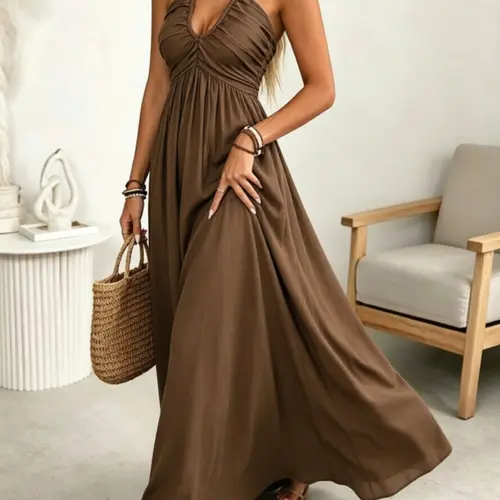 Women's A-Line Dress, Sleeveless Halter Backless, Elegant Tie Details, Elastic Waist, Boho Style, Summer Fashion, Perfect for Daily Wear