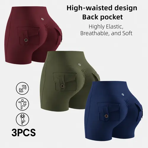 Women's 3-Pack High Waist Cargo Biker Shorts - Stretch Soft Lightweight Flex Waist Compression Shorts with Back Pockets, Breathable Tummy Control for Athleisure Casual, Gym Running, Casual Fitness, Athleisure Casual Shorts, Lightweight Workout Shorts