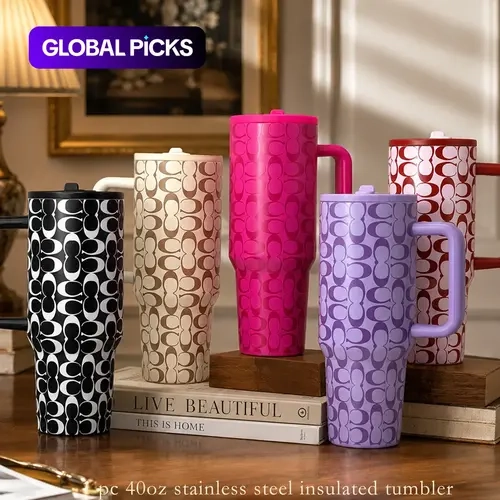 1 Count 40oz Patterned Stainless Steel Tumbler with Handle and Lid, Double-Wall Vacuum Insulated Travel Mug for Coffee and Tea, 12H Heat Retention 24H Cold Retention, Large Capacity Cup for Office, Gym and Travel, Ideal Gift #GLOBAL PICKS