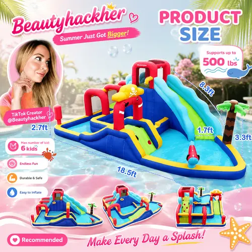 【Beautyhackher Exclusive】Pirate Ship Inflatable Water Slide Bounce House, 10 in 1 Inflatable Water Park with Blower, 2 Slides & 2 Climbing Walls & 2 Water Guns, Deep Pool Giant Splash Pool, Water Slides for Kids Backyard for 6